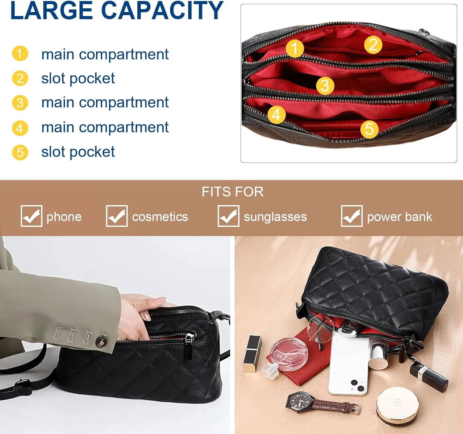 Genuine Leather Crossbody Purses for Women Small Shoulder Handbags Quilted Hobo Bags