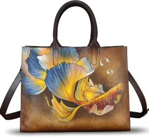 Genuine Leather Handbag for Women Hand Painted Leather Top Handle Bag Handmade Crossbody Purse Work Tote
