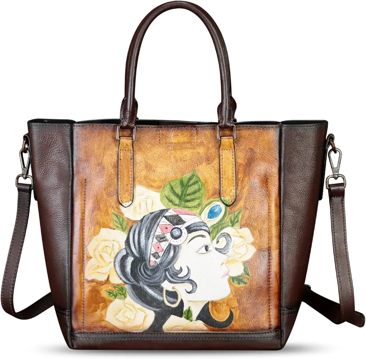 Genuine Leather Handbag for Women Hand Painted Leather Top Handle Satchel Handmade Crossbody Purse Tote Bag