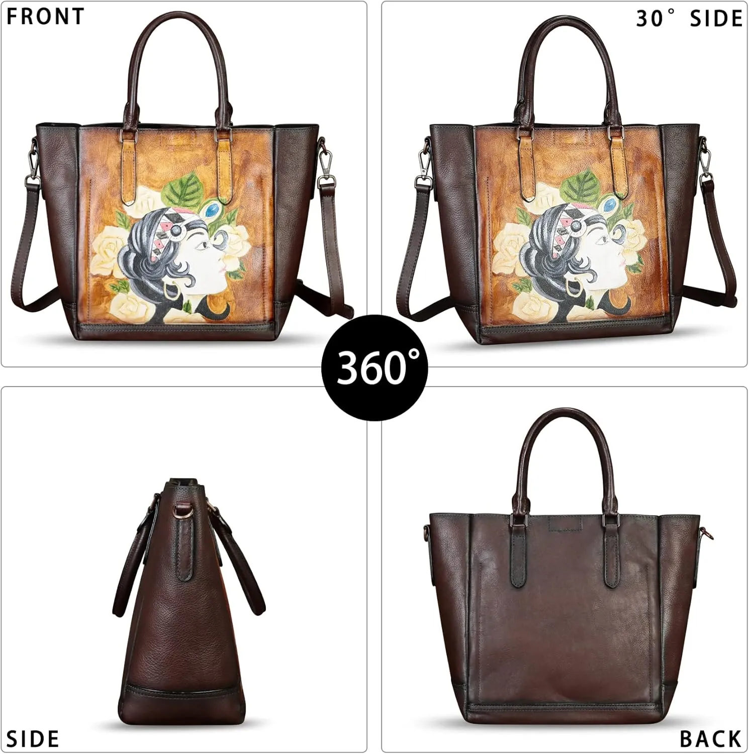 Genuine Leather Handbag for Women Hand Painted Leather Top Handle Satchel Handmade Crossbody Purse Tote Bag