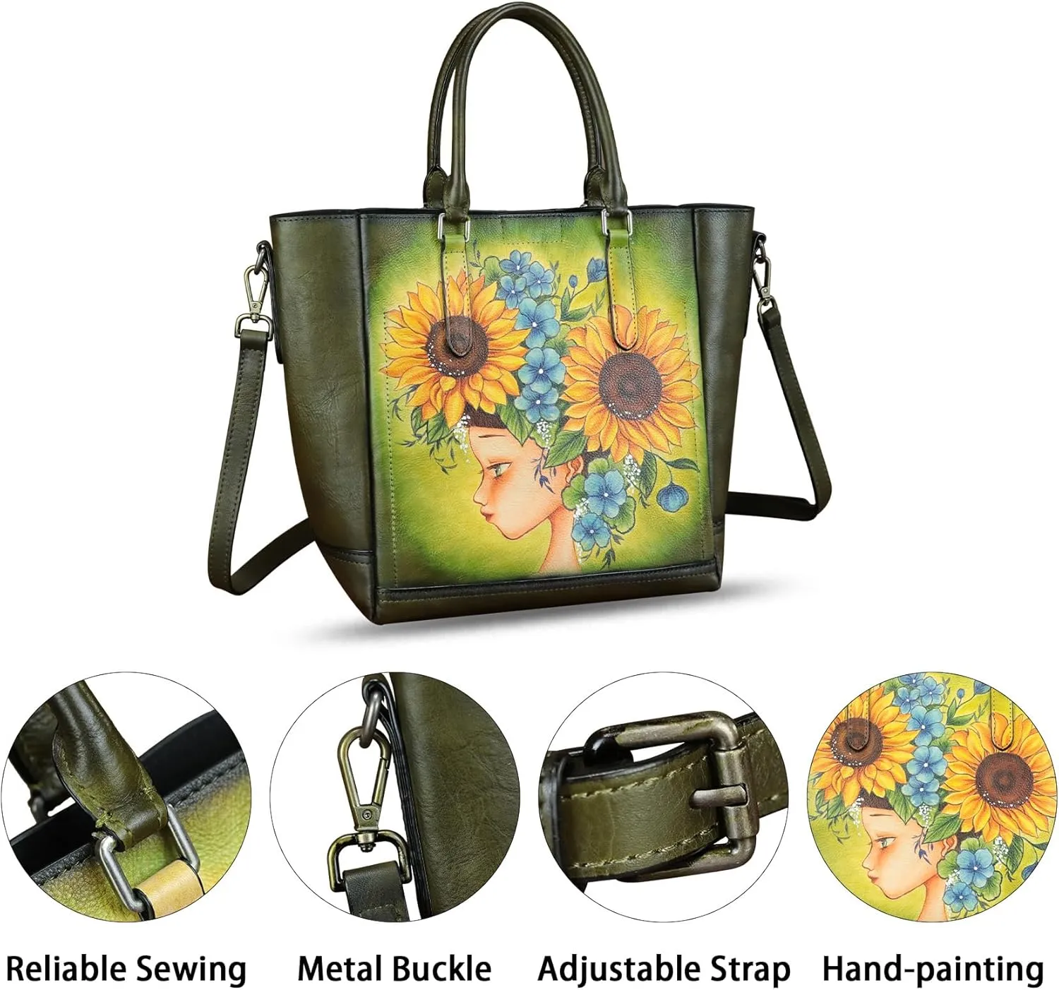 Genuine Leather Handbag for Women Hand Painted Leather Top Handle Satchel Handmade Crossbody Purse Tote Bag
