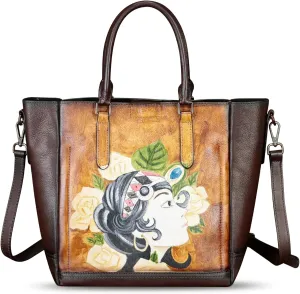 Genuine Leather Handbag for Women Hand Painted Leather Top Handle Satchel Handmade Crossbody Purse Tote Bag