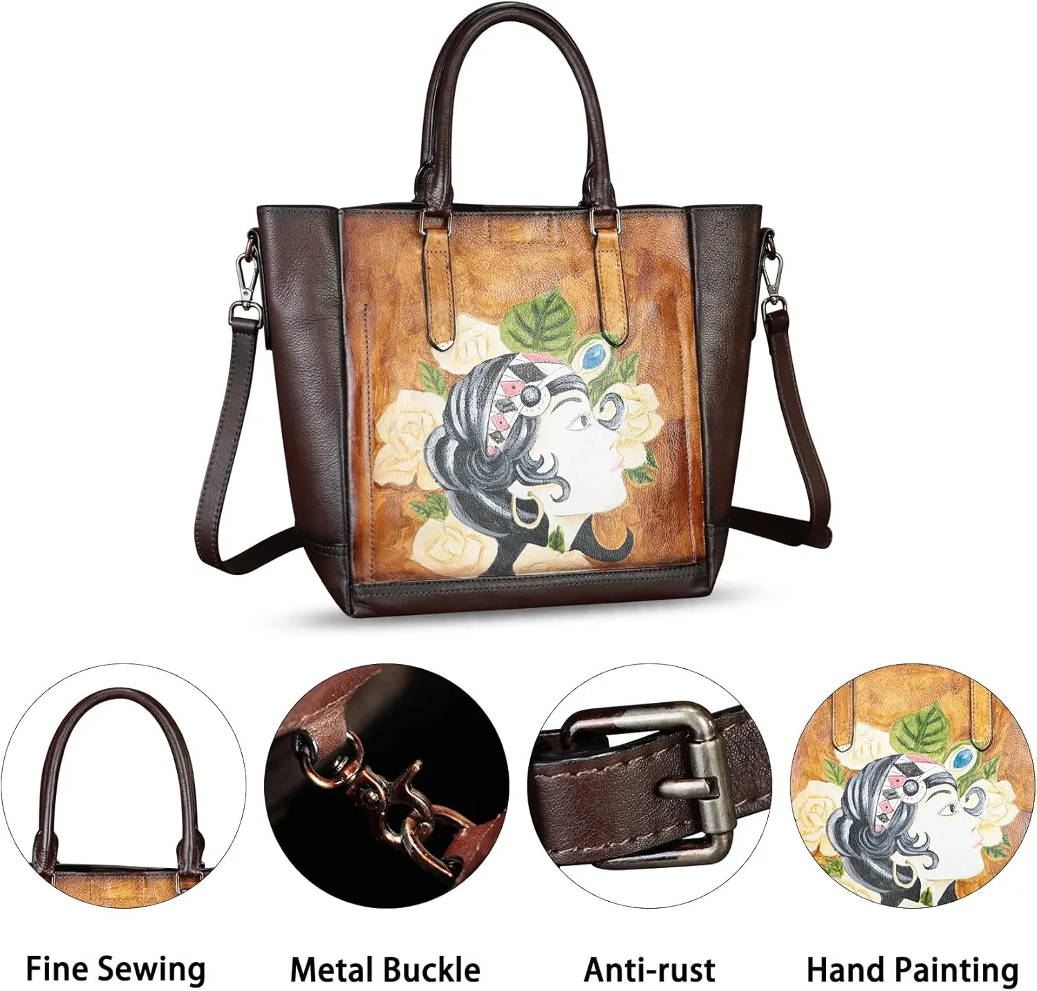 Genuine Leather Handbag for Women Hand Painted Leather Top Handle Satchel Handmade Crossbody Purse Tote Bag