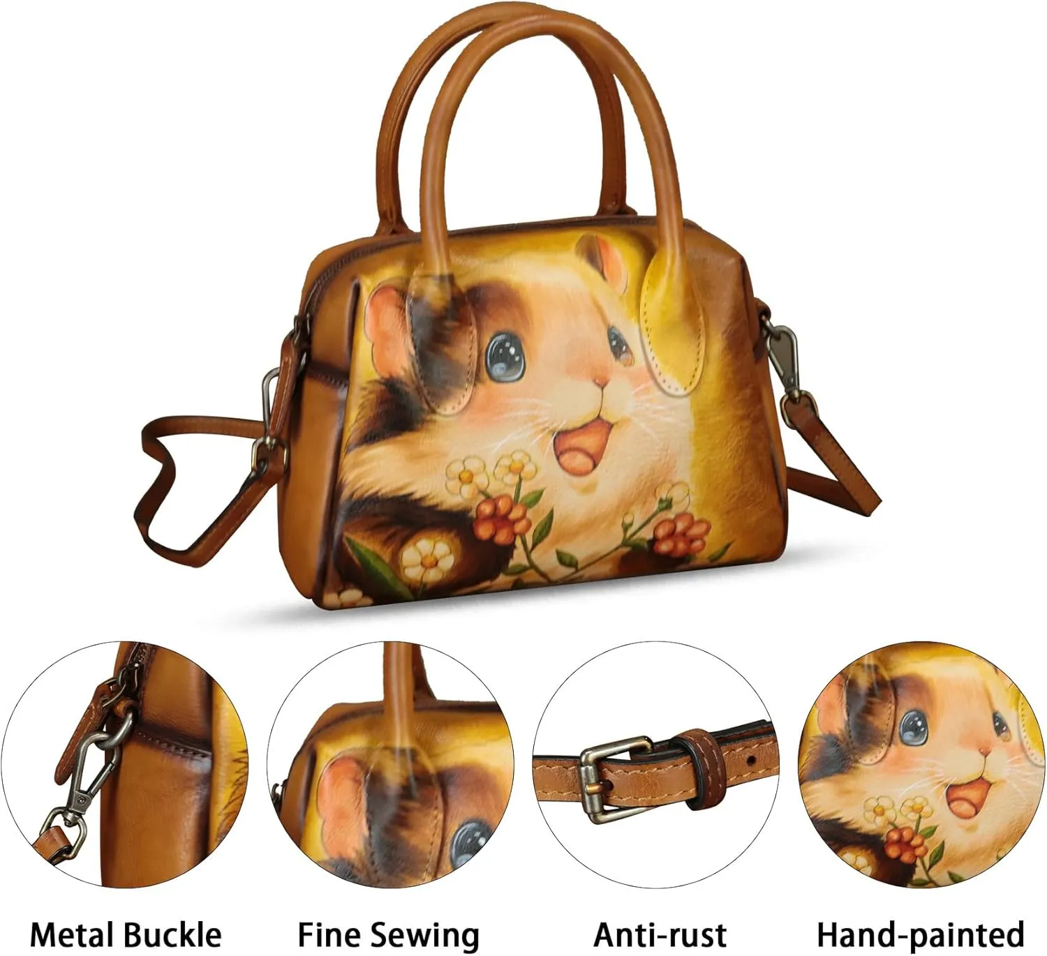 Genuine Leather Handbag for Women Hand Painted Top Handle Purse Retro Handmade Satchel Vintage Crossbody Hobo Bag
