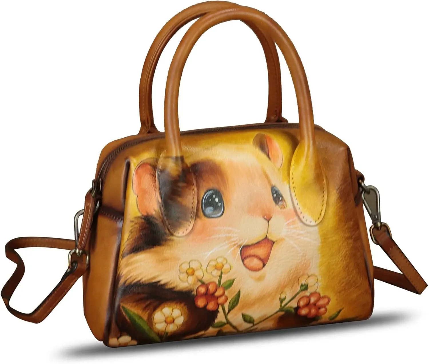 Genuine Leather Handbag for Women Hand Painted Top Handle Purse Retro Handmade Satchel Vintage Crossbody Hobo Bag