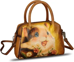 Genuine Leather Handbag for Women Hand Painted Top Handle Purse Retro Handmade Satchel Vintage Crossbody Hobo Bag