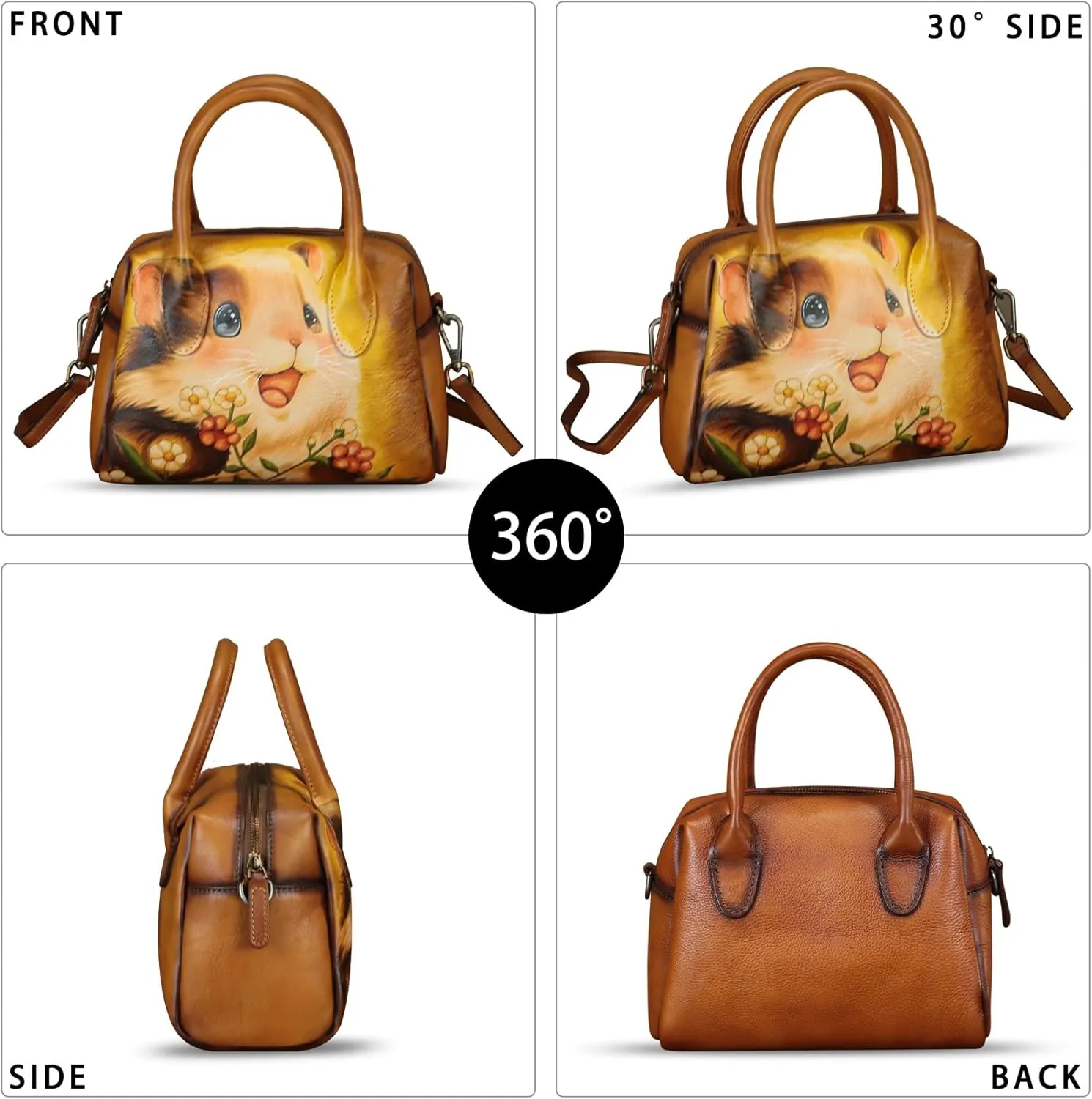 Genuine Leather Handbag for Women Hand Painted Top Handle Purse Retro Handmade Satchel Vintage Crossbody Hobo Bag