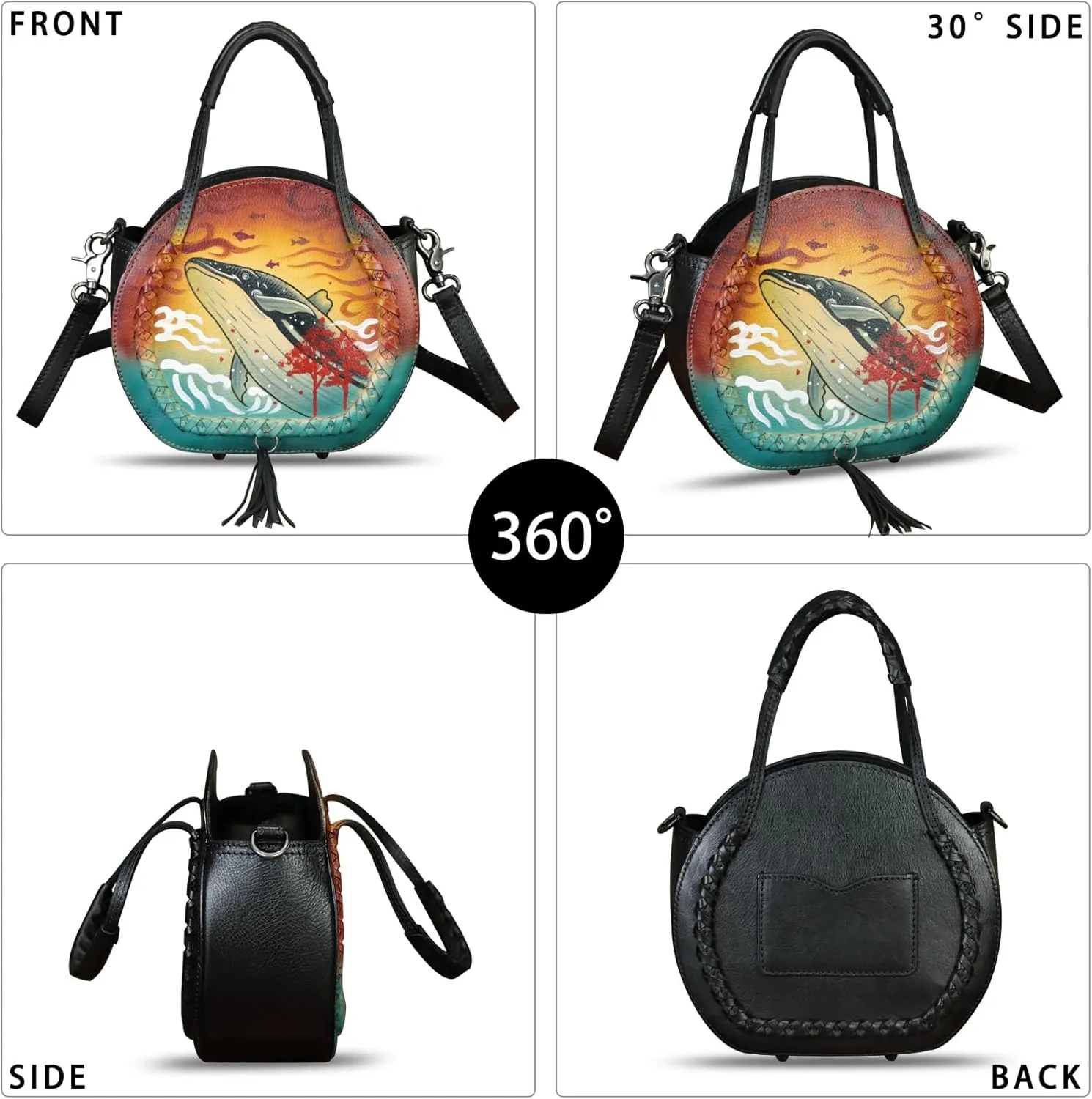 Genuine Leather Handbag for Women Purse Hand Painted Pattern Top Handle Satchel Handmade Crossbody Pouch