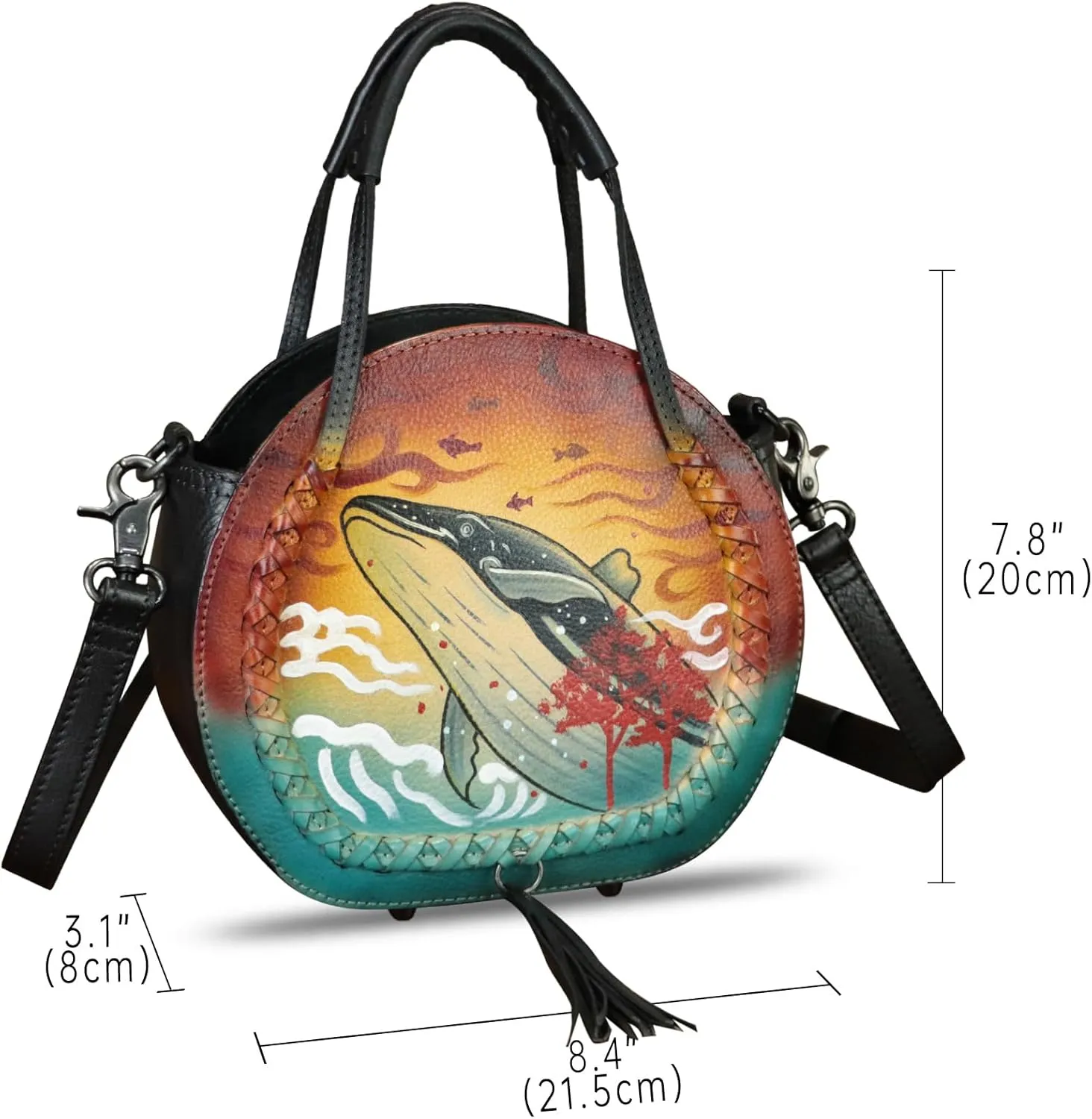 Genuine Leather Handbag for Women Purse Hand Painted Pattern Top Handle Satchel Handmade Crossbody Pouch