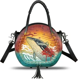 Genuine Leather Handbag for Women Purse Hand Painted Pattern Top Handle Satchel Handmade Crossbody Pouch