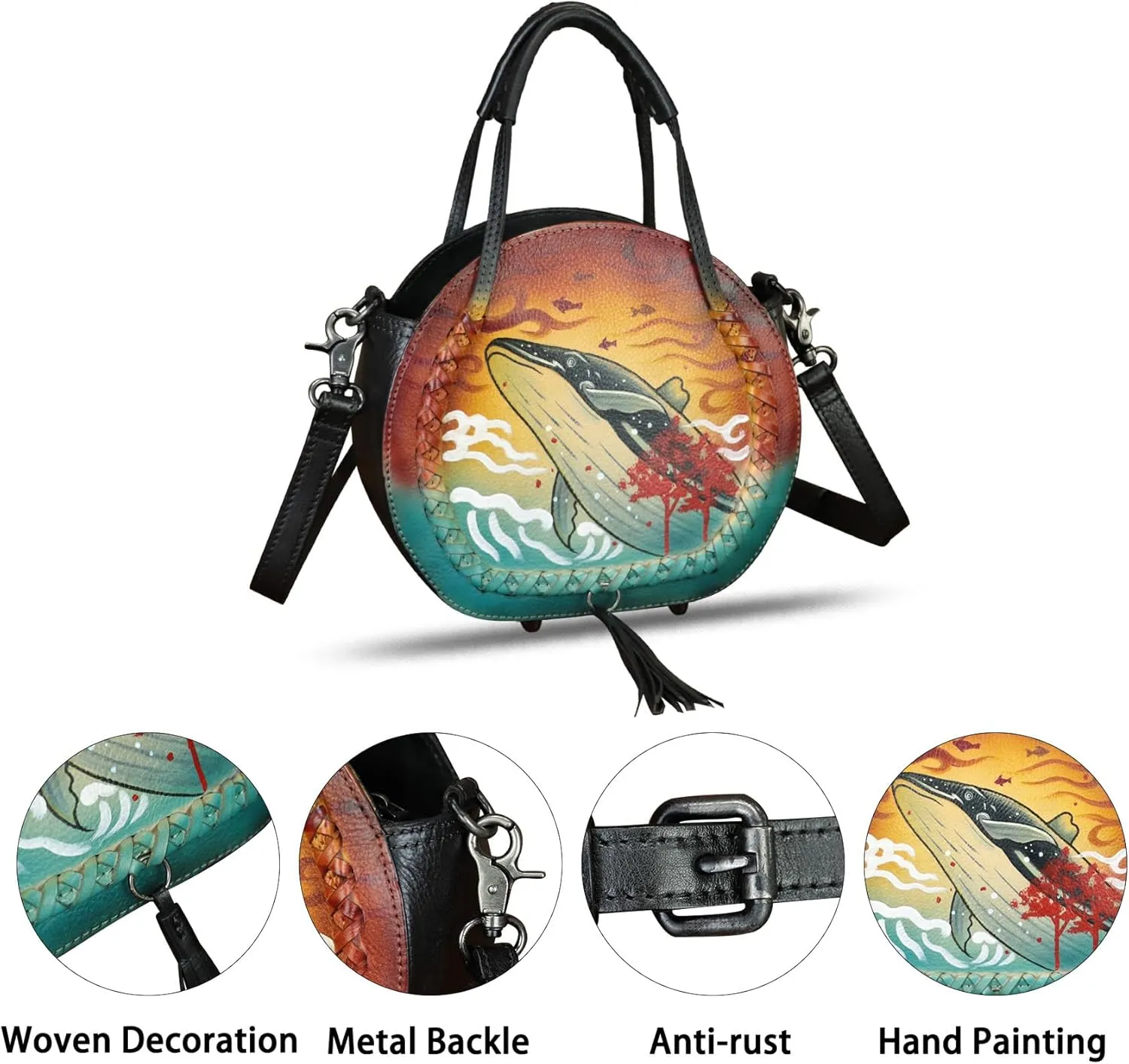 Genuine Leather Handbag for Women Purse Hand Painted Pattern Top Handle Satchel Handmade Crossbody Pouch