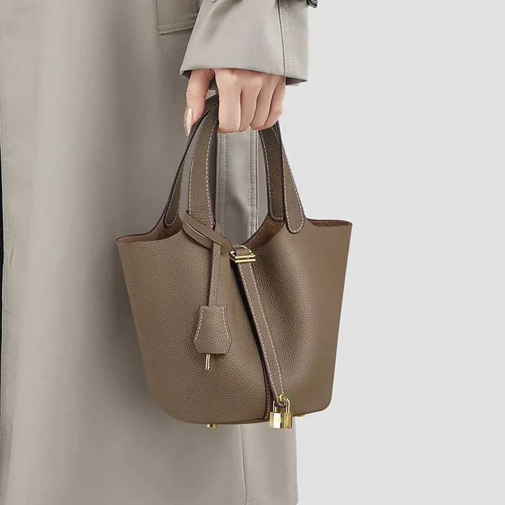 Genuine Leather Handbag Lock Design Bucket Bag Vegetable Basket Fashionable Versatile Shoulder Bag Birthday Gift