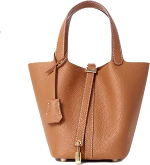 Genuine Leather Handbag Lock Design Bucket Bag Vegetable Basket Fashionable Versatile Shoulder Bag Birthday Gift