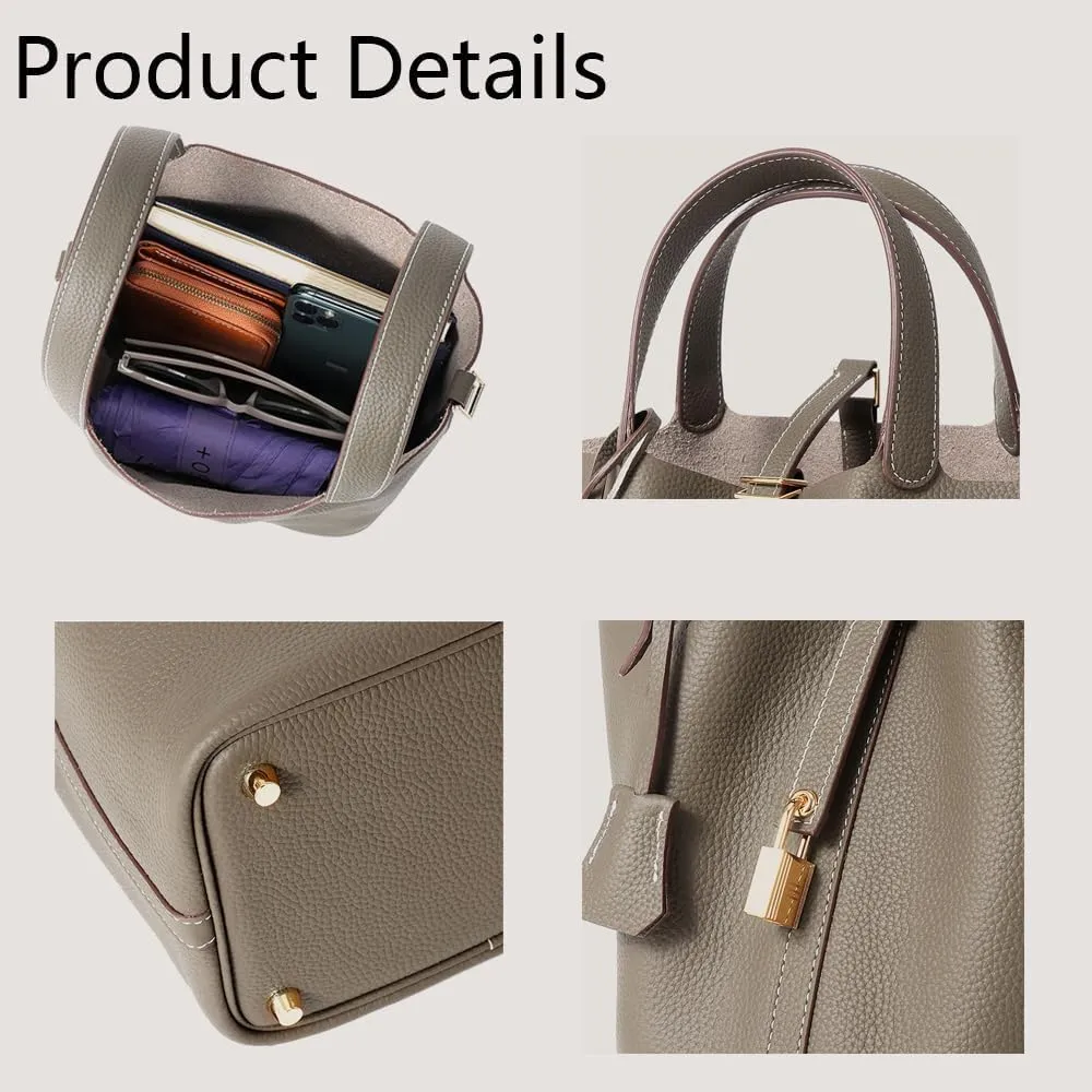 Genuine Leather Handbag Lock Design Bucket Bag Vegetable Basket Fashionable Versatile Shoulder Bag Birthday Gift