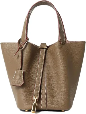 Genuine Leather Handbag Lock Design Bucket Bag Vegetable Basket Fashionable Versatile Shoulder Bag Birthday Gift