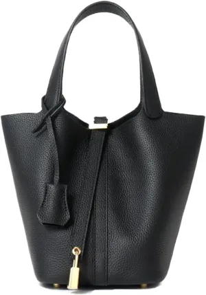 Genuine Leather Handbag Lock Design Bucket Bag Vegetable Basket Fashionable Versatile Shoulder Bag Birthday Gift