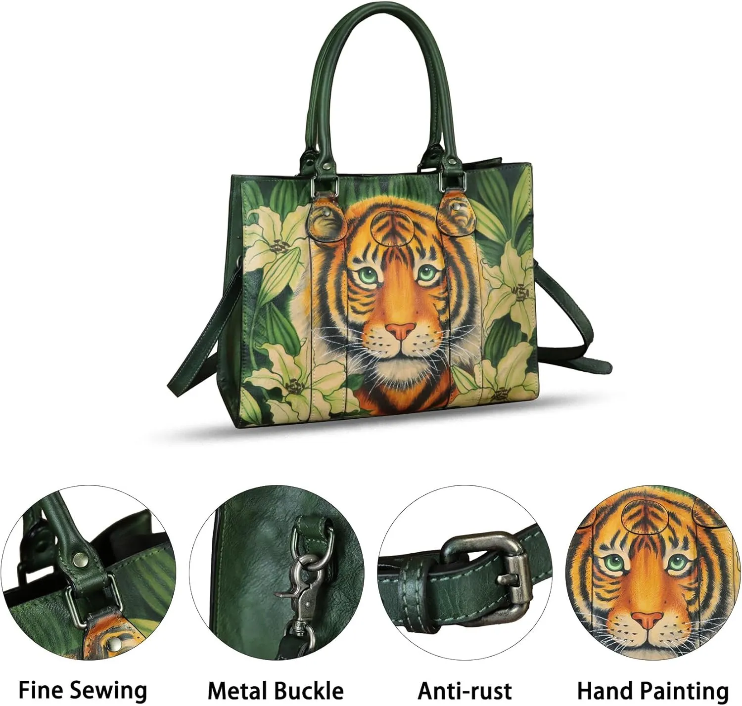 Genuine Leather Handbag Satchel for Women Hand Painted Handmade Work Tote Bag Crossbody Shoulder Purse