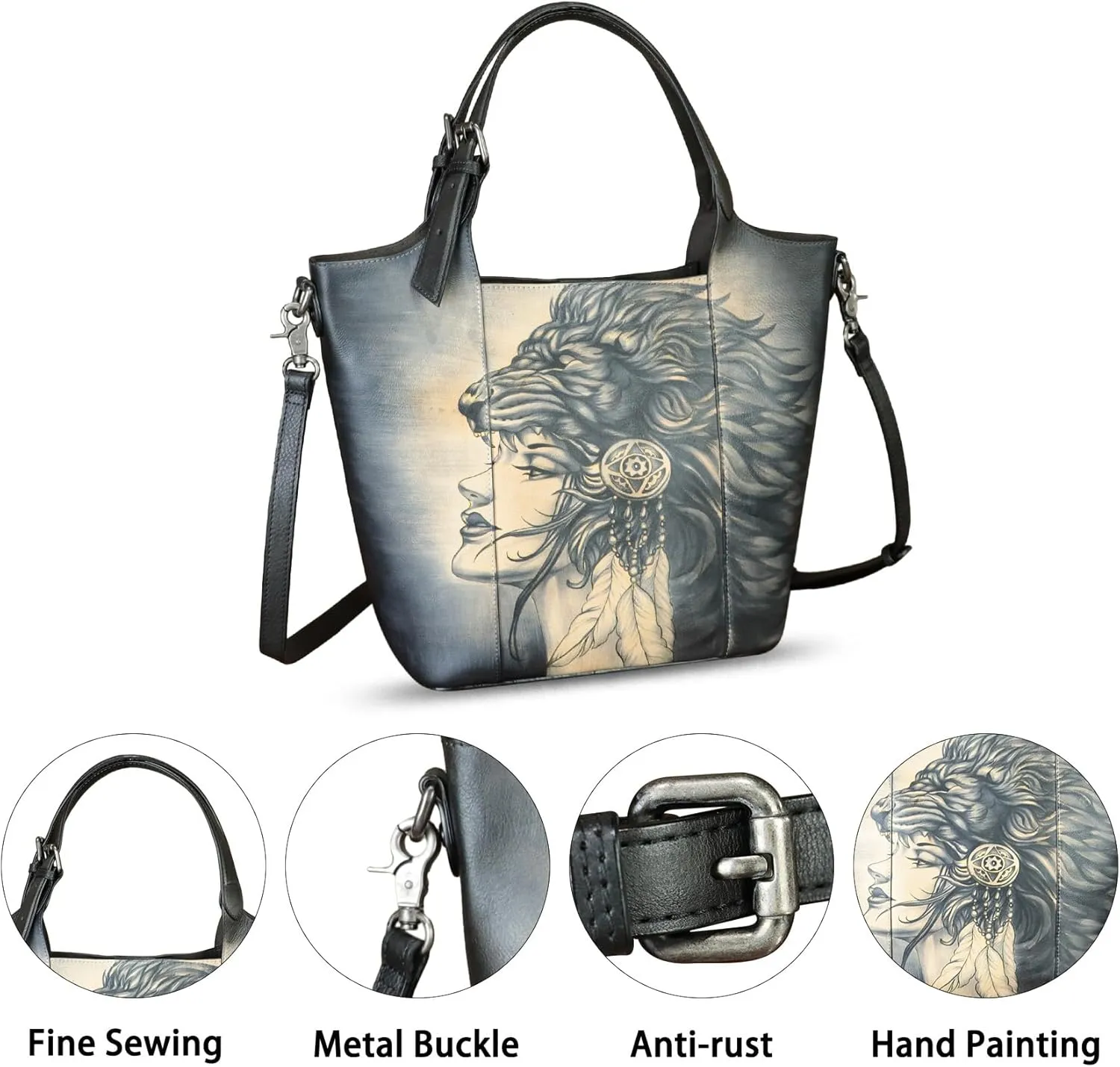 Genuine Leather Handbag Satchel for Women Hand Painted Leather Handmade Work Tote Casual Shoulder Purse Bag