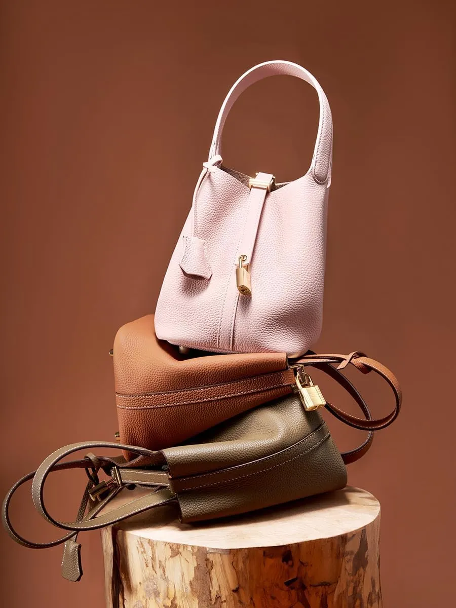 Genuine Leather Lock Design Bucket Bag Vegetable Basket, Versatile Shoulder Handbag Satchel Purses