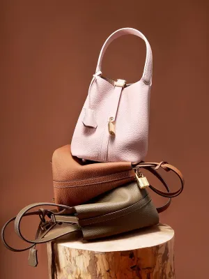Genuine Leather Lock Design Bucket Bag Vegetable Basket, Versatile Shoulder Handbag Satchel Purses
