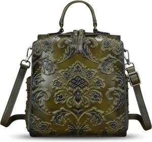 Genuine Leather Purses and Handbags for Women Embossed Leather Backpack Convertible Shoulder Bag Satchel Purse