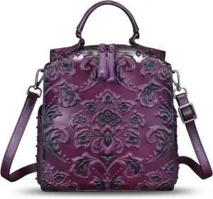 Genuine Leather Purses and Handbags for Women Embossed Leather Backpack Convertible Shoulder Bag Satchel Purse