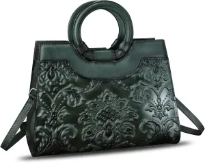 Genuine Leather Purses and Handbags for Women Vintage Embossed Leather Crossbody Shoulder Bag Satchel Top Handle Bag