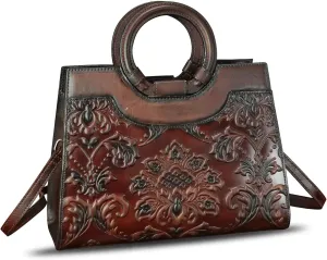 Genuine Leather Purses and Handbags for Women Vintage Embossed Leather Crossbody Shoulder Bag Satchel Top Handle Bag