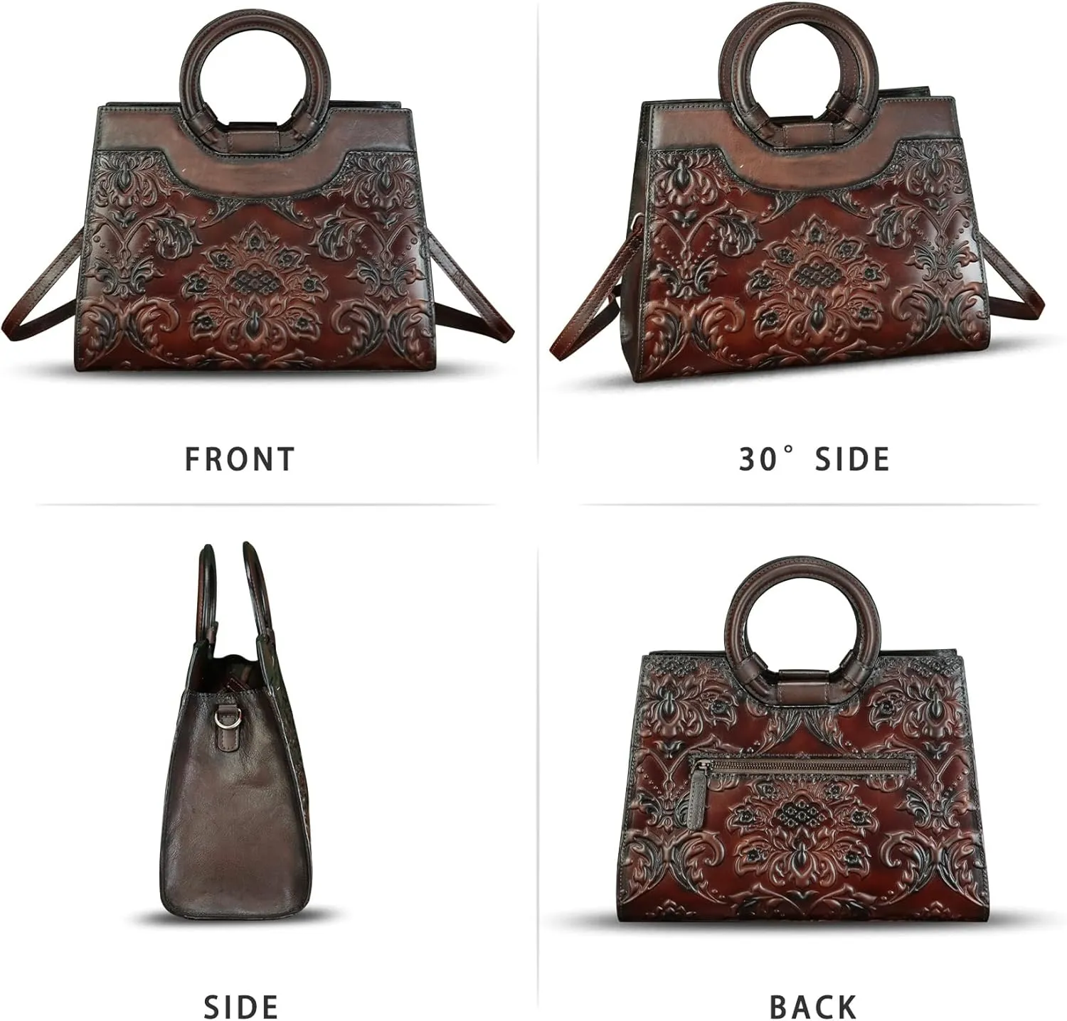 Genuine Leather Purses and Handbags for Women Vintage Embossed Leather Crossbody Shoulder Bag Satchel Top Handle Bag