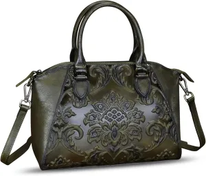 Genuine Leather Purses and Handbags for Women Vintage Embossed Leather Satchel Bags Crossbody Shoulder Bag Strap