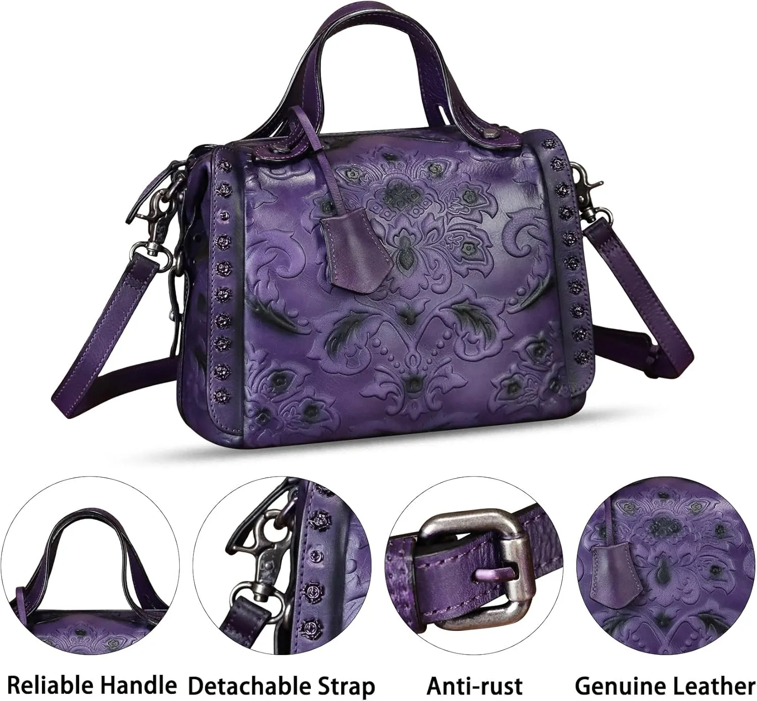 Genuine Leather Purses and Handbags for Women Vintage Embossed Leather Satchel Bags Shoulder Bag Crossbody with Strap