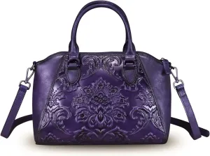 Genuine Leather Purses and Handbags for Women Vintage Embossed Leather Top Handle Bag Satchel Crossbody Shoulder Bag Strap