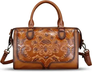 Genuine Leather Purses and Handbags for Women Vintage Embossed Leather Top Handle Crossbody Shoulder Bag Satchel Bag Strap