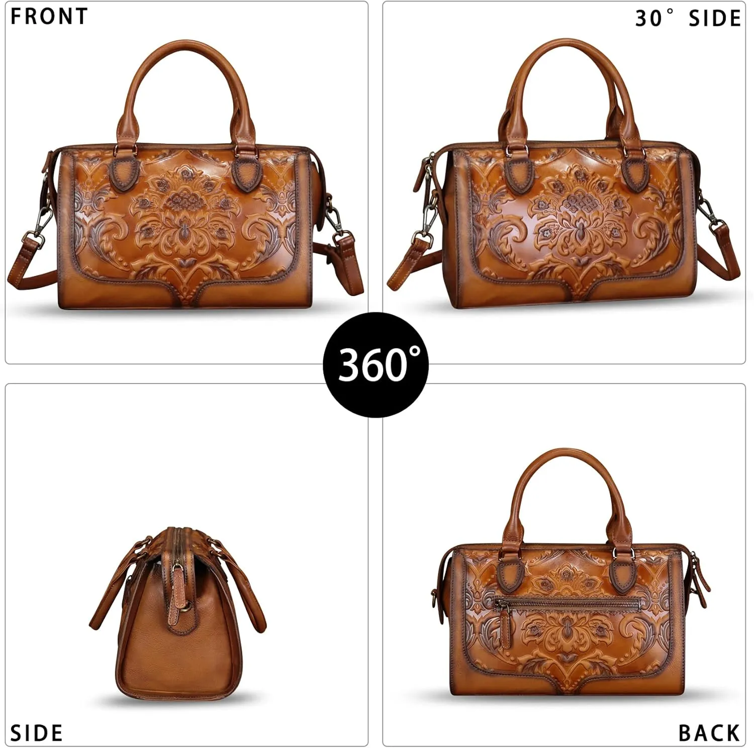 Genuine Leather Purses and Handbags for Women Vintage Embossed Leather Top Handle Crossbody Shoulder Bag Satchel Bag Strap