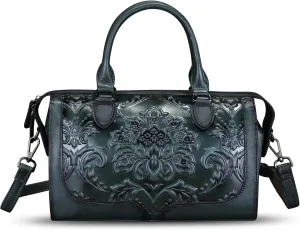 Genuine Leather Purses and Handbags for Women Vintage Embossed Leather Top Handle Crossbody Shoulder Bag Satchel Bag Strap
