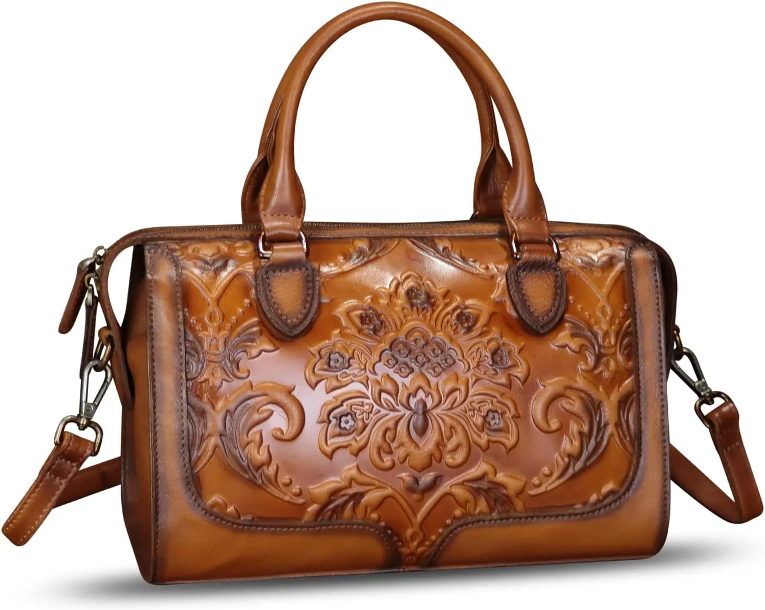 Genuine Leather Purses and Handbags for Women Vintage Embossed Leather Top Handle Crossbody Shoulder Bag Satchel Bag Strap
