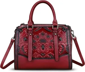 Genuine Leather Purses and Handbags for Women Vintage Embossed Leather Top Handle Satchel Crossbody Shoulder Bag with Strap