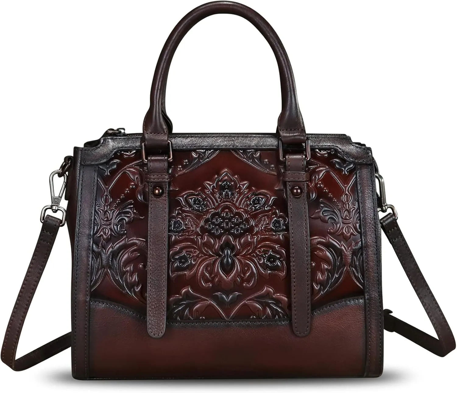 Genuine Leather Purses and Handbags for Women Vintage Embossed Leather Top Handle Satchel Crossbody Shoulder Bag with Strap