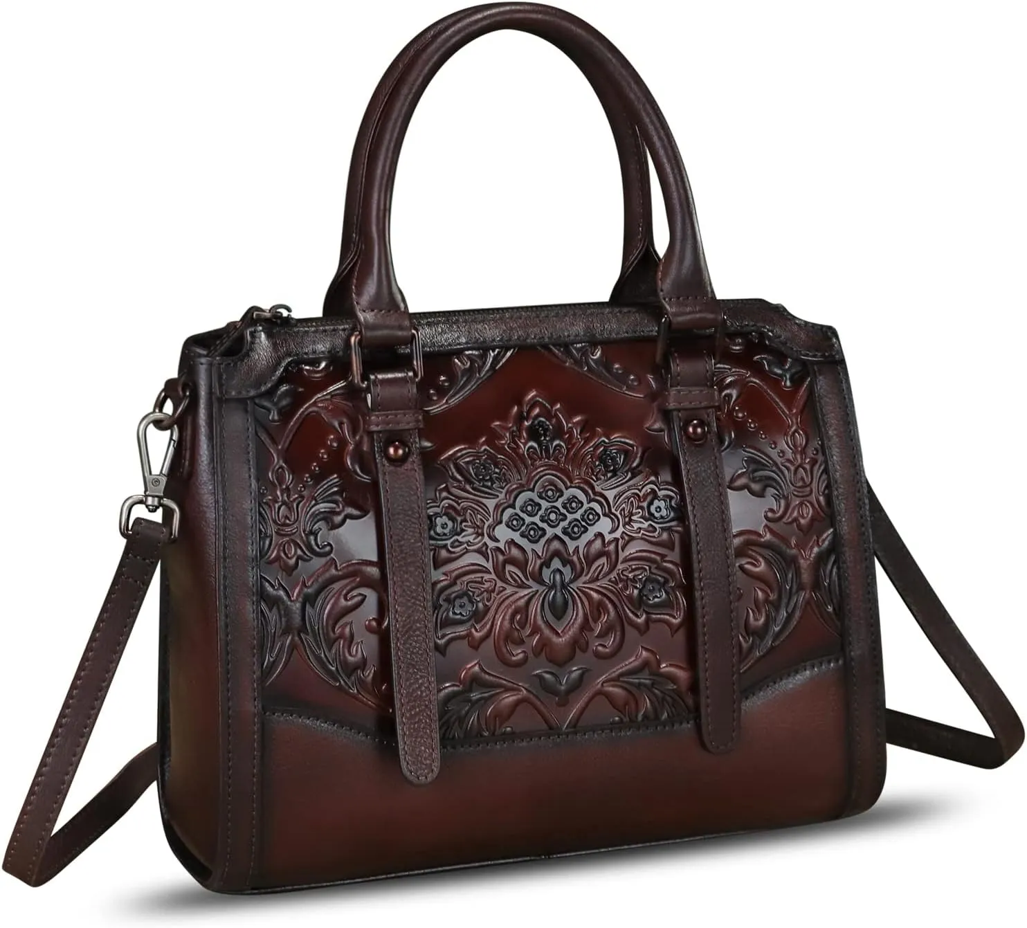 Genuine Leather Purses and Handbags for Women Vintage Embossed Leather Top Handle Satchel Crossbody Shoulder Bag with Strap