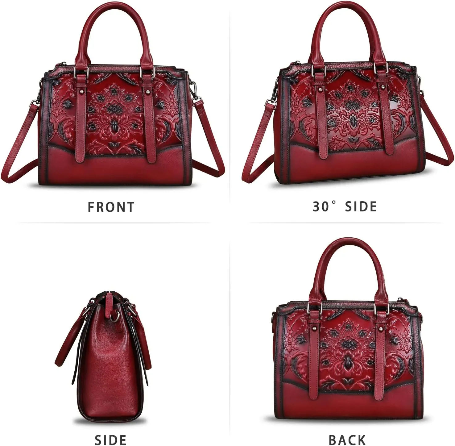 Genuine Leather Purses and Handbags for Women Vintage Embossed Leather Top Handle Satchel Crossbody Shoulder Bag with Strap