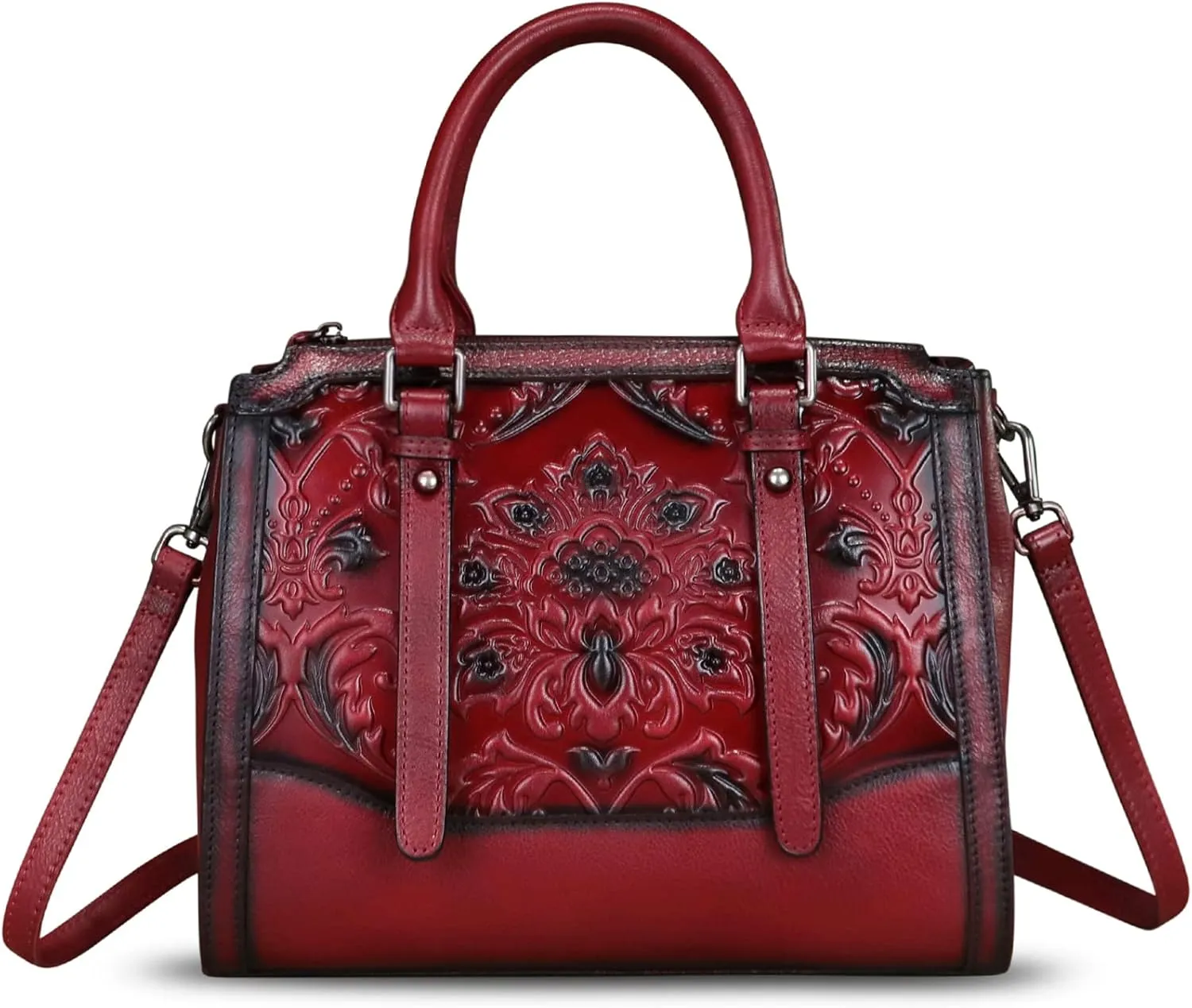 Genuine Leather Purses and Handbags for Women Vintage Embossed Leather Top Handle Satchel Crossbody Shoulder Bag with Strap
