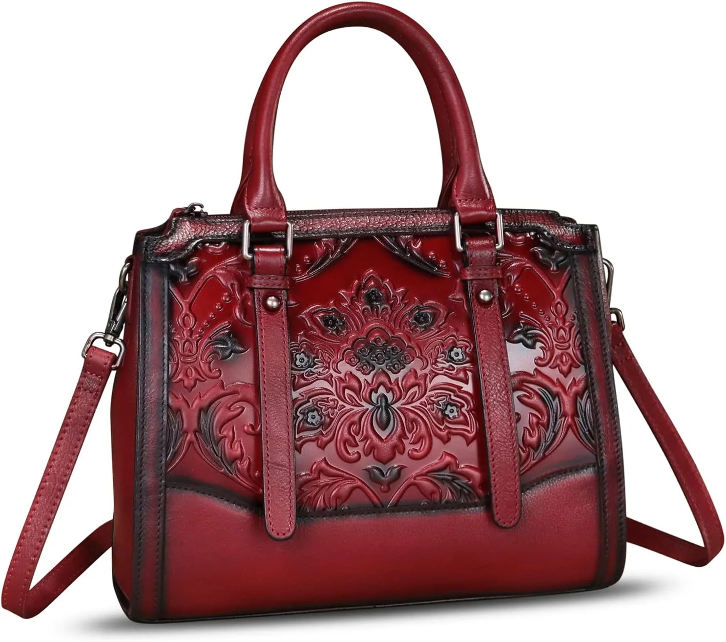 Genuine Leather Purses and Handbags for Women Vintage Embossed Leather Top Handle Satchel Crossbody Shoulder Bag with Strap