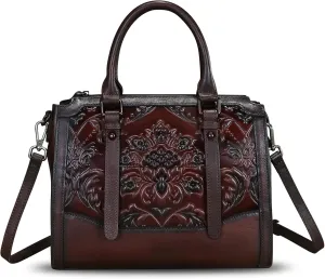 Genuine Leather Purses and Handbags for Women Vintage Embossed Leather Top Handle Satchel Crossbody Shoulder Bag with Strap