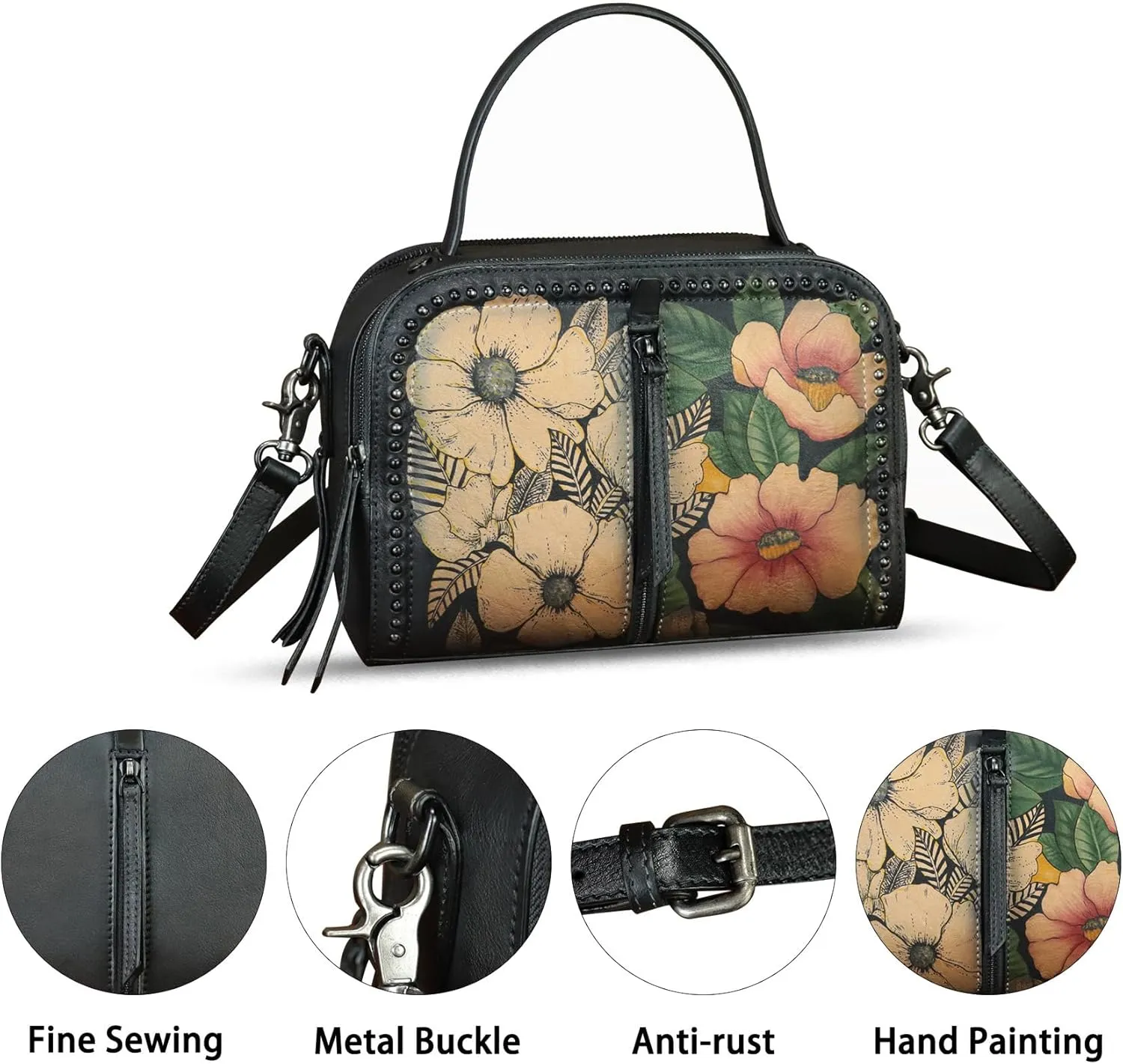 Genuine Leather Satchel for Women Hand Painted Leather Top Handle Handbag Handmade Crossbody Satchel Purse Tote Bag