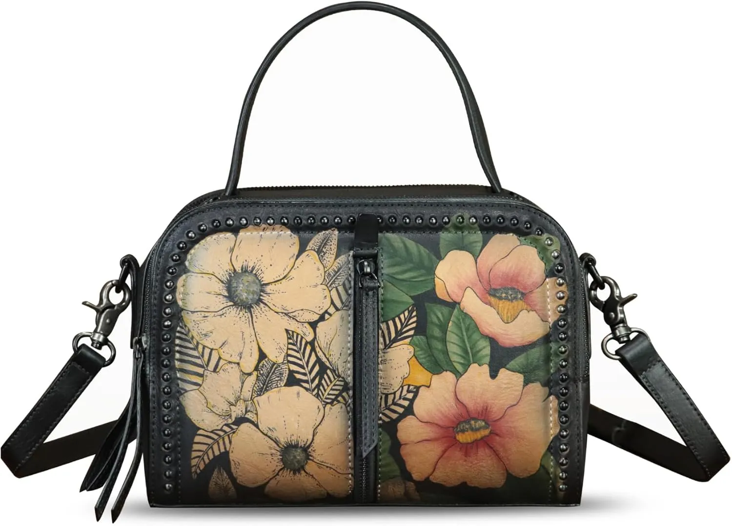 Genuine Leather Satchel for Women Hand Painted Leather Top Handle Handbag Handmade Crossbody Satchel Purse Tote Bag