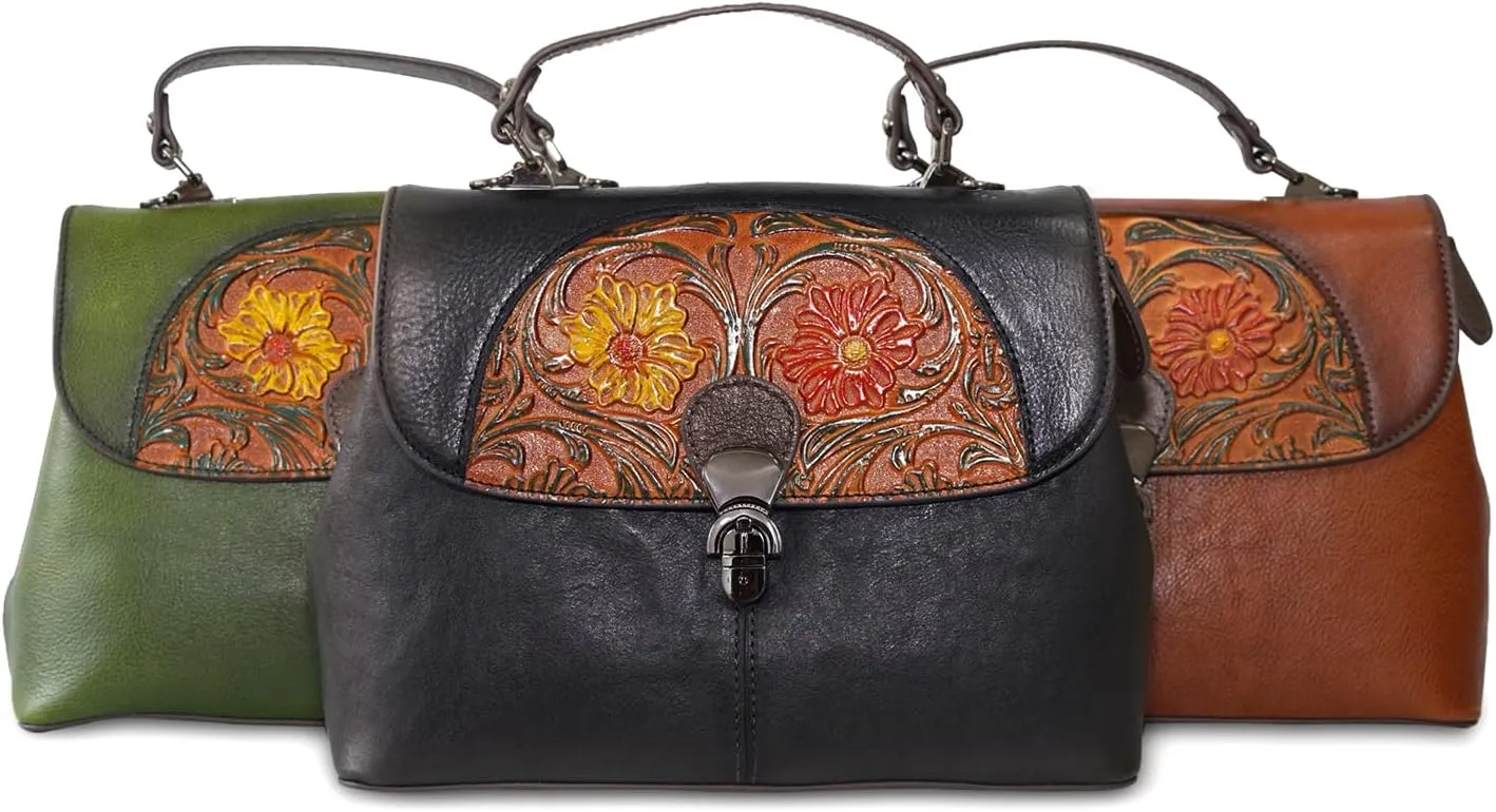 Genuine Leather Satchel for Women Top Handle Bags Handmade Purse Vintage Embossed Leather Crossbody Handbags Hobo Bag