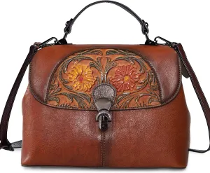 Genuine Leather Satchel for Women Top Handle Bags Handmade Purse Vintage Embossed Leather Crossbody Handbags Hobo Bag