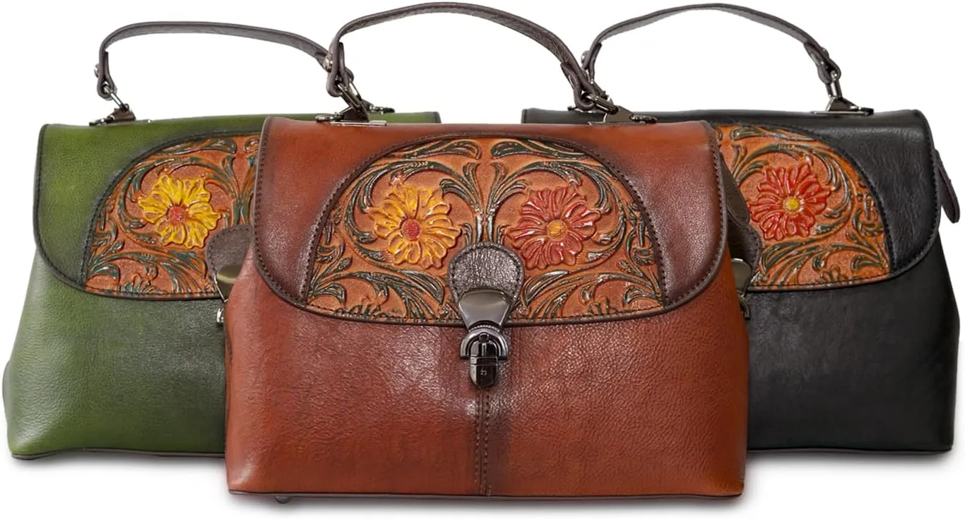 Genuine Leather Satchel for Women Top Handle Bags Handmade Purse Vintage Embossed Leather Crossbody Handbags Hobo Bag
