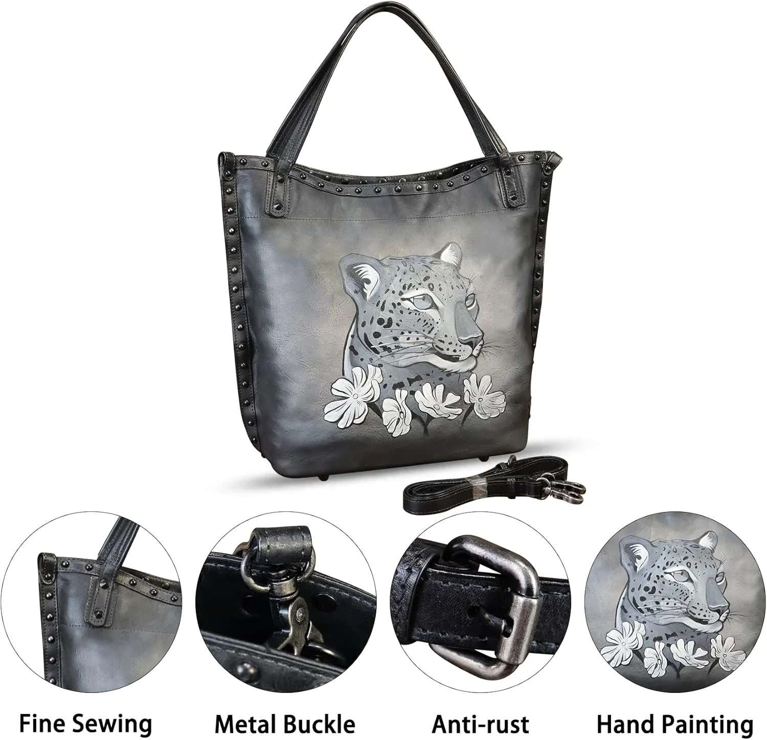 Genuine Leather Shoulder Bag for Women Hand Painted Leather Handbag Handmade Purse Crossbody Work Tote Bag Casual Purse
