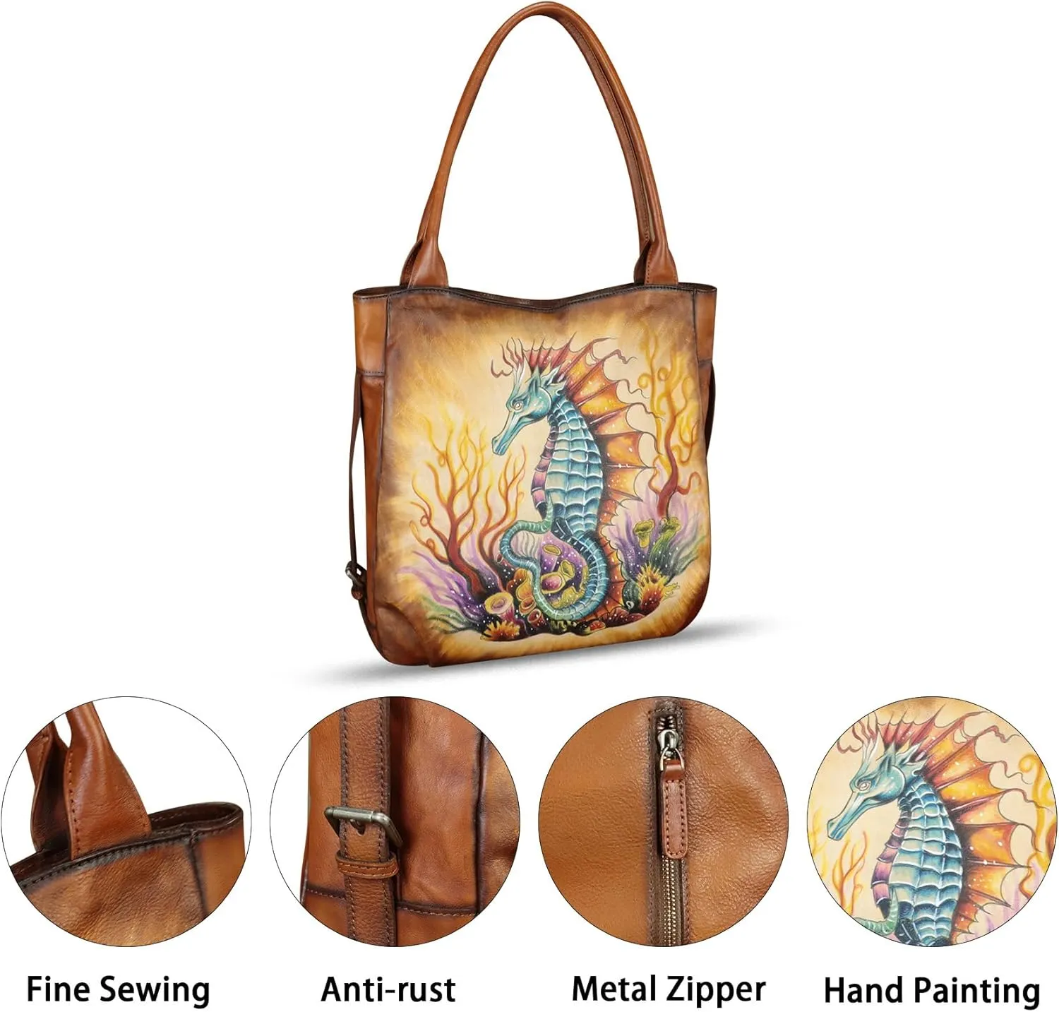 Genuine Leather Shoulder Bag for Women Hand Painted Leather Handbag Handmade Purse Work Tote Bag Casual Purse